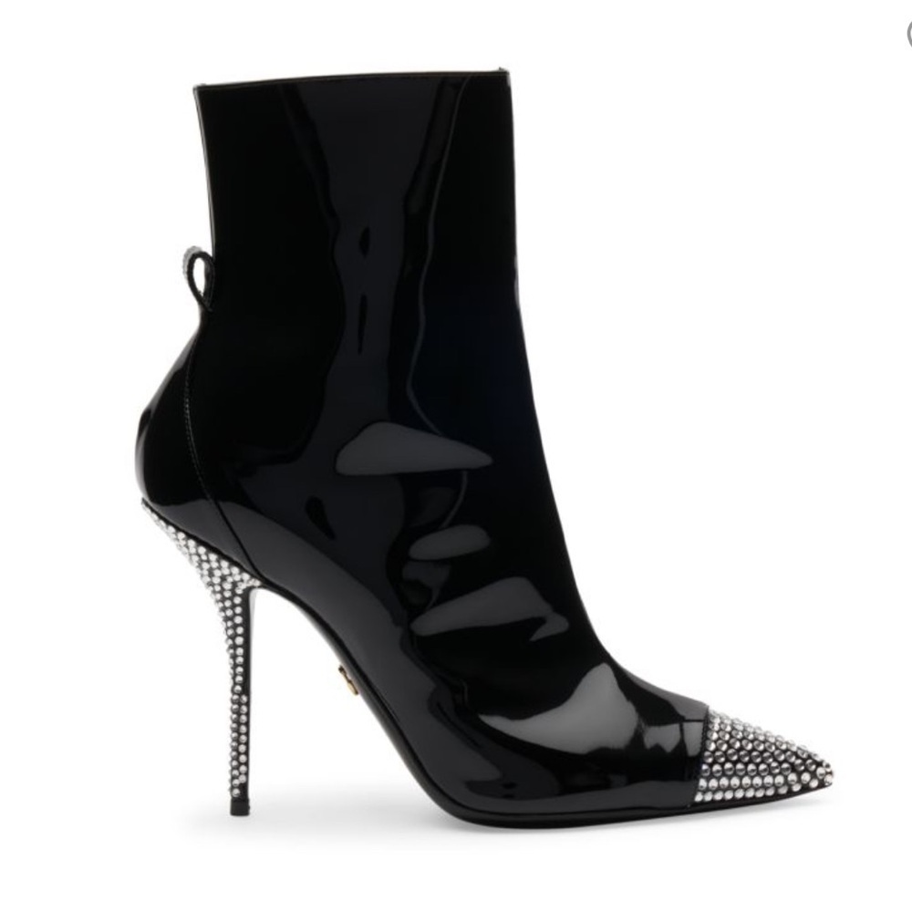 Dolce & Gabbana Black Patent Leather Crystal-Embellished Pointed Ankle Boots